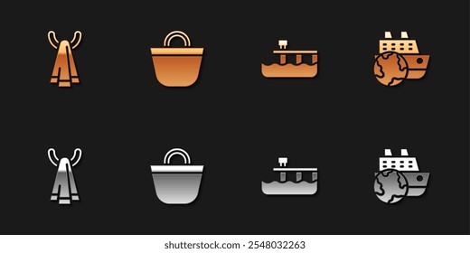 Set Toalla en una percha, bolsa de playa, muelle e icono de crucero. Vector