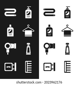 Set Towel on a hanger, Bottle of shampoo, Hair dryer, Cream or lotion cosmetic tube, Hairbrush and Barbershop icon. Vector