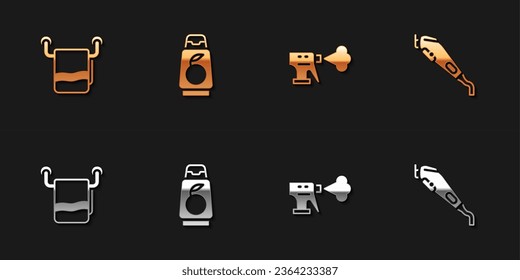 Set Towel on a hanger, Bottle of shampoo, Hairdresser pistol spray bottle and Electrical hair clipper icon. Vector