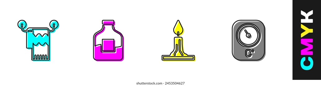 Set Towel on hanger, Bottle of vodka, Burning candle and Sauna thermometer icon. Vector