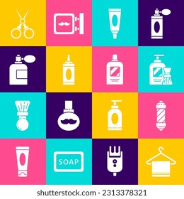 Set Towel on a hanger, Classic Barber shop pole, Shaving gel foam and brush, Cream or lotion cosmetic tube, Bottle of shampoo, Aftershave bottle with atomizer, Scissors hairdresser and  icon. Vector