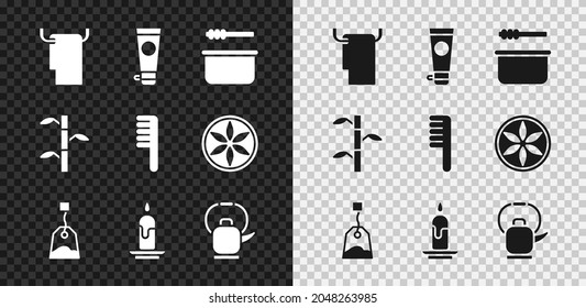 Set Towel on a hanger, Cream or lotion cosmetic tube, Sauna bucket and ladle, Tea bag, Burning candle, Kettle with handle, Bamboo stems leaves and Hairbrush icon. Vector
