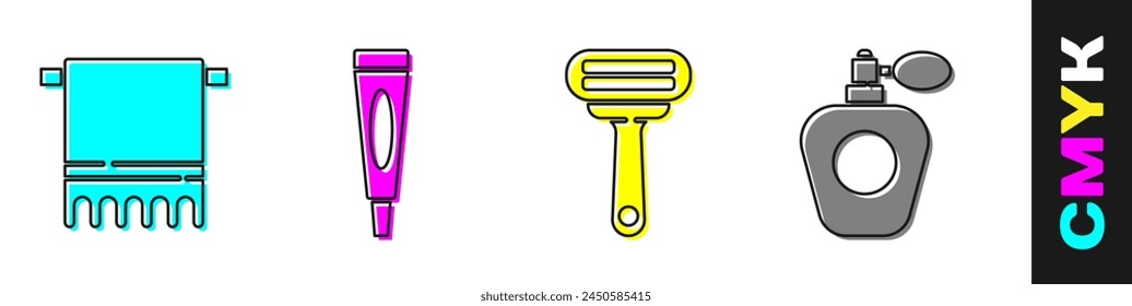 Set Towel on a hanger, Cream or lotion cosmetic tube, Shaving razor and Perfume icon. Vector