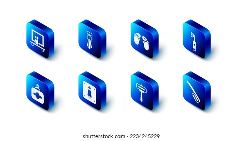 Set Towel on a hanger, Flip flops, Electric toothbrush, Hairbrush, Shaving razor, Female toilet, Perfume and Washbasin mirror icon. Vector