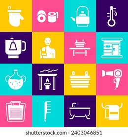 Set Towel on a hanger, Hair dryer, Sauna wooden bathhouse, Kettle with handle, Man in the sauna, Cup of tea tea bag, mittens and bench bucket icon. Vector