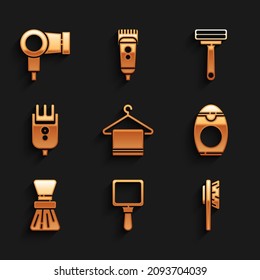 Set Towel on a hanger, Hand mirror, Hairbrush, Bottle of shampoo, Shaving, Electrical hair clipper shaver, razor and dryer icon. Vector