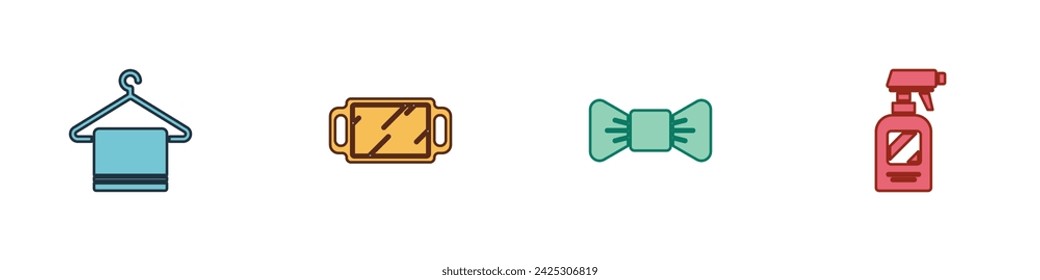 Set Towel on a hanger, Hand mirror, Bow tie and Hairdresser pistol spray bottle icon. Vector