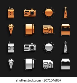 Set Towel on a hanger, Lighthouse, Street stall with awning, Rv Camping trailer, Ice cream waffle cone, Sun, Soda can and Photo camera icon. Vector