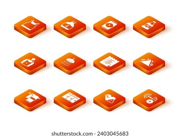 Set Towel on hanger, Locker or changing room, Bodybuilder, Shower, Heart rate, Sport training program, Dumbbell and Metal rack with weight icon. Vector