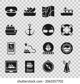 Set Towel on a hanger, Ship porthole with seascape, Lifebuoy, Folded map, Anchor, Cruise ship, Captain hat and Glasses icon. Vector