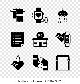 Set Towel on hanger, Smart watch with heart, Shower, Heartbeat increase, Socks, Sport horizontal bar, training program and Gym building icon. Vector