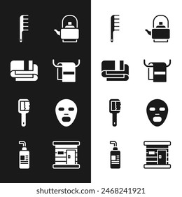 Set Towel on a hanger, stack, Hairbrush, Kettle with handle, Sauna, Facial cosmetic mask, wooden bathhouse and Cream or lotion tube icon. Vector