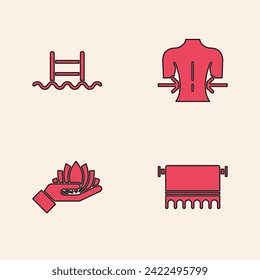 Set Towel on hanger, Swimming pool with ladder, Massage and Lotus flower icon. Vector
