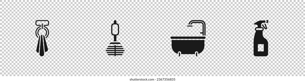 Set Towel on a hanger, Toilet brush, Bathtub and Cleaning spray bottle icon. Vector