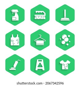 Set Towel on hanger, Wet floor, Dirty t-shirt, Soap water bubbles, Vacuum cleaner, Rubber plunger and Cleaning spray bottle icon. Vector