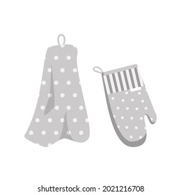 A set of towel and oven gloves for dishes. Kitchen item