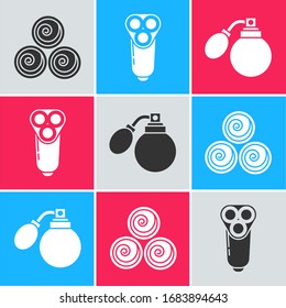Set Towel rolls, Electric razor blade for men and Aftershave bottle with atomizer icon. Vector