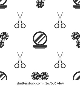 Rodamientos para toallas, Polvo para maquillaje con espejo y peluquero de tijera en un patrón ininterrumpido. Vector