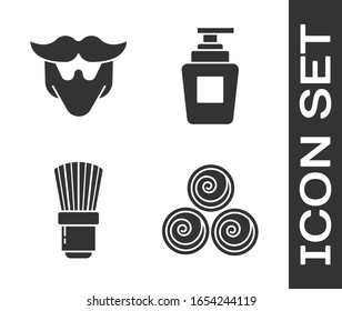 Set Towel rolls, Mustache and beard, Shaving brush and Bottle of shampoo icon. Vector