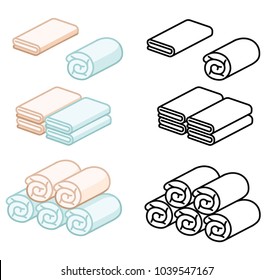 Set of towel soft color vector illustration. roll for spa, kitchen, bath and other.Towel icon isometric.Stack fluffy kitchen Towel. rolled into a roll or scroll.cartoon folded vector towels set.