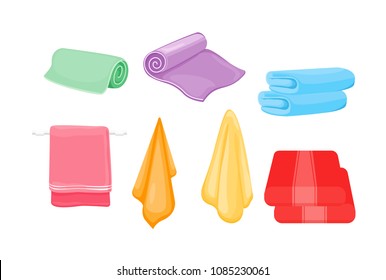 Set of towel: for spa, bathroom, kitchen, roll and hanging. Cartoon Vector illustration.
