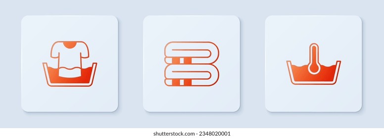 Set Towel stack, Basin with shirt and Temperature wash. White square button. Vector