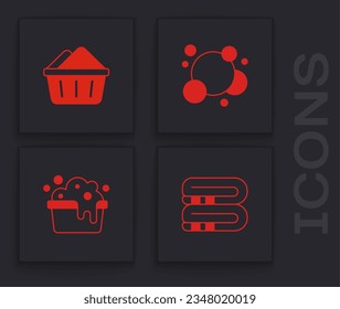 Set Towel stack, Basin with soap suds, Soap water bubbles and  icon. Vector