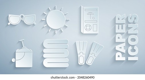 Set Towel stack, Travel brochure, Sand in bucket with shovel, Rubber flippers, Sun and Glasses icon. Vector