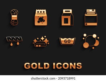 Set Towel stack, Washer, Soap water bubbles, Temperature wash, Squeeze clothes, Laundry detergent, Yarn and  icon. Vector