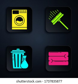 Set Towel stack , Washer , Trash can and garbage bag  and Squeegee, scraper, wiper. Black square button. Vector