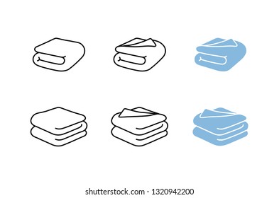 Набор векторных иллюстраций полотенец. Сложенные полотенца в стиле плоского мультфильма и линейного значка, одеяло, простыня