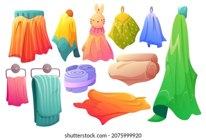 Set of towels bath and kitchen washcloth for kids and adults. Colorful fabric hang on hook, rolled and folded cloth. Fluffy textile for wiping, clean blankets for shower, Cartoon vector illustration