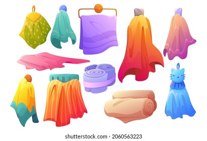 Set of towels hanging on hooks or holders, colorful stylish bath and kitchen fabric, folded and rolled cloth or fluffy textile for wiping. Clean home hygiene accessories, Cartoon vector illustration