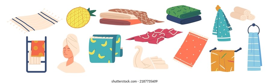 Set of Towels, Isolated Terrycloth, Home Textile Rolled, Folded And Stacked In Piles. Clean Bathroom Domestic Or Hotel Stuff For Hygiene, Spa And Shower Procedures, Terry. Cartoon Vector Illustration