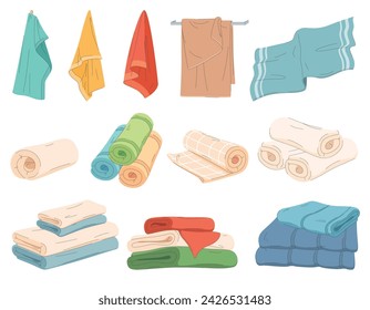 A set of towels. Kitchen and bath towels for wiping hands, face and body. Towels hang on hangers and are neatly folded. Vector illustration