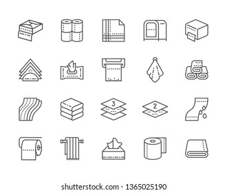 Set of Towels and Napkins Line Icons. Wet Wipes Package, Toilet Rolls, Napkin Holder, Paper Towel Dispenser, Hand Dryer and more. Pack of 48x48 Pixel Icons