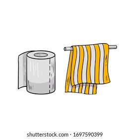 A set of towels and toilet paper for the kitchen and bathroom. Hand-drawn illustration in sketch style.