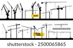 Set of tower construction crane. Silhouette black crane working building. Illustration with building cranes isolated on white background. Collection of vector line art. Elevating Construction Crane.