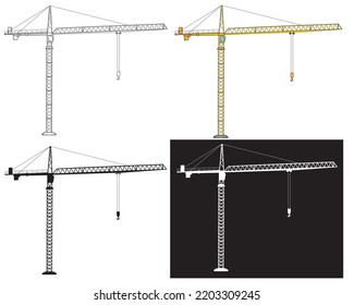 Set of Tower crane in profile in isolate on a white background. Vector illustration.