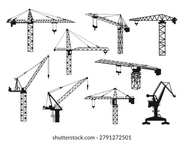 A set of tower crane silhouettes in various positions and angles for construction work. Illustration of construction equipment and heavy-lifting gear. Construction site machinery.