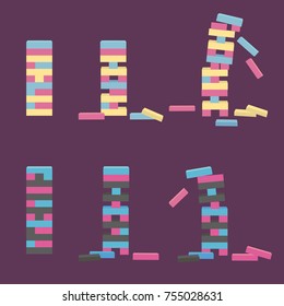 Set of tower game. Wooden stack block toy. Different positions. Vector illustration isolated on purple background. 