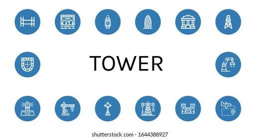 Set von Turmsymbolen. Baugerüst, Brücke, Uhrturm, Parthenon, Pumpjack, Leuchtturm, Kranich, Ölplattform, Festung, Flughafen, Portugal , Turmsymbole