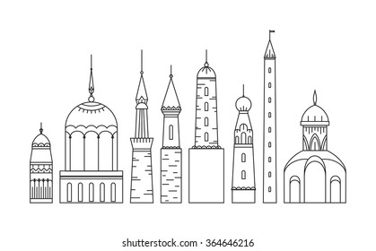 Set of tower and magic fairycastle made in vector. Thin line style