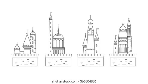 Set of tower and magic fairycastle made in vector. Thin line style