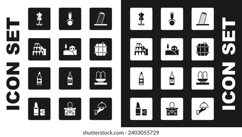 Set Tower in Pisa, Village landscape, Coliseum Rome, Mannequin, Barrel for wine, Pizza knife, Fountain and Bottle of olive oil icon. Vector