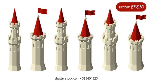 Set towers isolated on white background. Kingdom. Low poly style. Vector illustration.