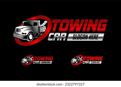 set of towing truck service horizontal logo, landscape emblem, sticker, badge template vector illustration suitable for the automotive company isolated on black background