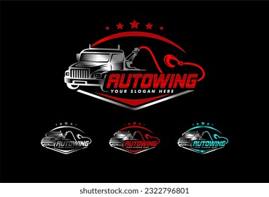 set of towing truck service logo emblem, sticker, badge template vector illustration suitable for the automotive company isolated on black background