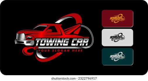 set of towing truck service logo emblem, sticker, badge template vector illustration suitable for the automotive company isolated on black background with business card template