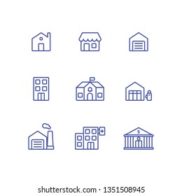 Set town builing icon collection. Bank, house, garage, shop, gas station, school, hopital, factory, and office icon